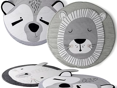 Cute Round Rugs With Lion And Wolf Faces In Gray White Design For Kids Room 3d model