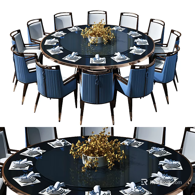Round Dining Table Set with Blue Chairs Tableware and Golden Decorative Flowers 3d model