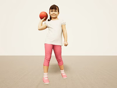 Young woman in white T-shirt and pink leggings holding red ball on light floor 3d model