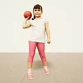 Young woman in white T-shirt and pink leggings holding red ball on light floor