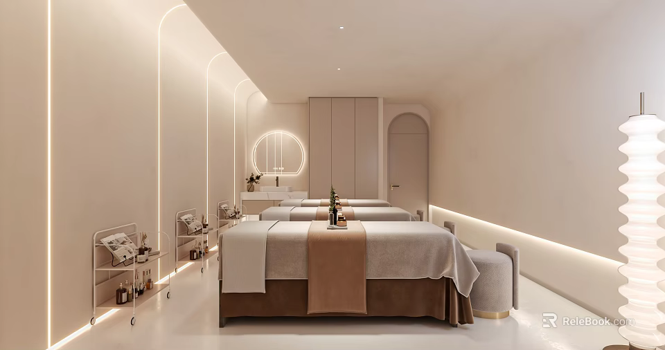Elegant Modern Hair and Beauty Salon Interior with Massage Beds Mirror and Lighting 3d model 