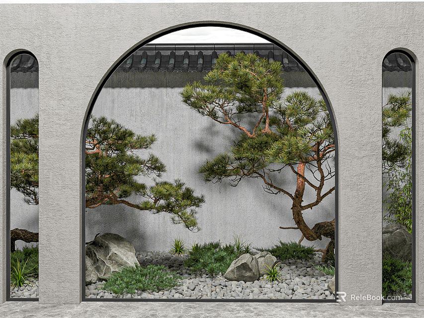 Traditional Courtyard Garden With Archway Gray Wall Pine Trees Rocks And Gravel 3d model 