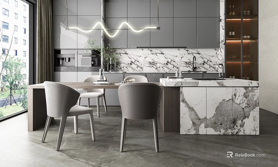 Elegant Modern Restaurant Interior With Marble Wall Dining Table Chairs And Pendant Lights 3d model