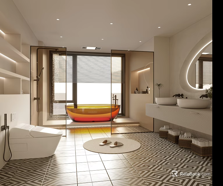Modern Bathroom Interior With Orange Bathtub Glass Shower Double Sinks Round Mirror And Geometric Tiles 3d model 