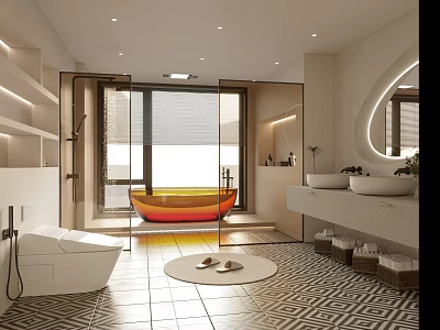 Modern Bathroom Interior With Orange Bathtub Glass Shower Double Sinks Round Mirror And Geometric Tiles 3d model