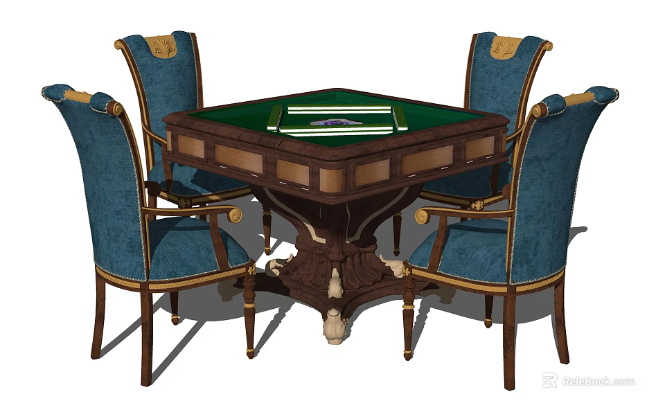 Elegant Entertainment Game Table With Green Felt Surface And Blue Upholstered Chairs 3d model 