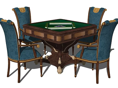 Elegant Entertainment Game Table With Green Felt Surface And Blue Upholstered Chairs 3d model
