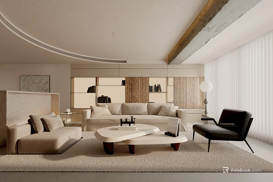 Elegant Modern Living Room Interior With Beige Sofas White Coffee Table And Black Armchair 3d model 