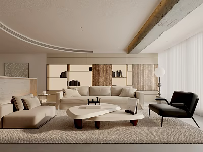 Elegant Modern Living Room Interior With Beige Sofas White Coffee Table And Black Armchair 3d model