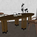 Oval Wooden Dining Table Set With Sturdy Legs Two Chairs Brown Cushions And Green Plants