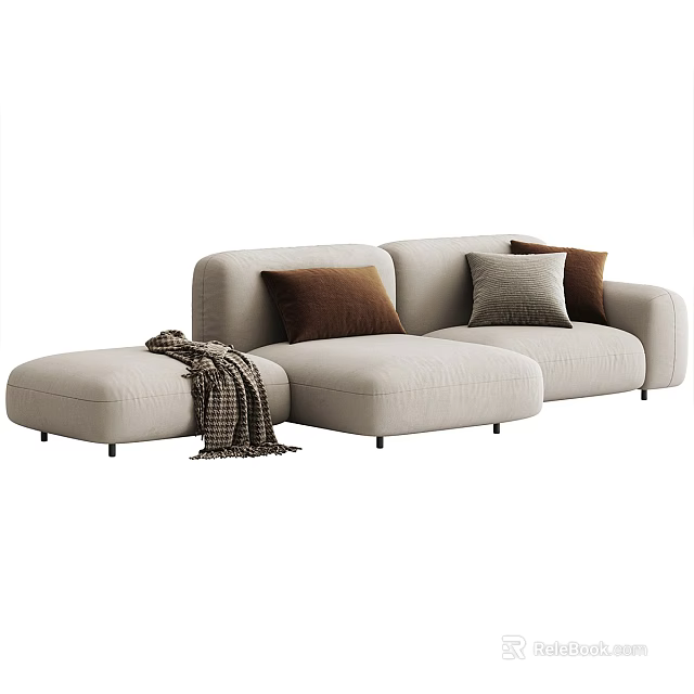Modern Beige Sectional Sofa With Brown Gray Pillows And Throw Blanket 3d model