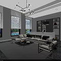 Modern Living Dining Room Interior With Large Windows City View Grey Sofa And Bookshelf