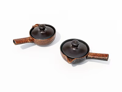 Two Brown Ceramic Cooking Pots With Lids And Handles For Daily Kitchen Cooking 3d model