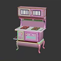 Vintage Pink Stove With Classic Cabinet Doors And Metal Burners On Retro Base