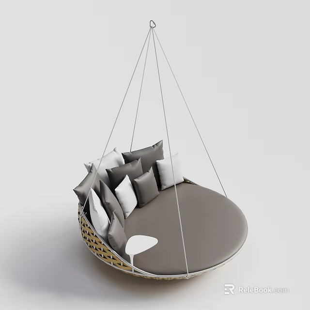 Hanging Chair With Round Gray Cushion Gray And White Pillows Woven Frame And White Ropes 3d model 