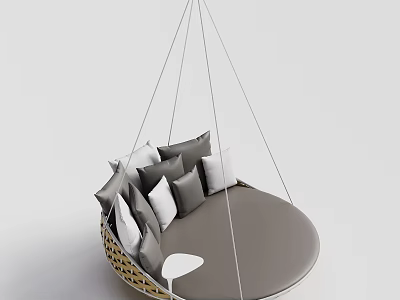 Hanging Chair With Round Gray Cushion Gray And White Pillows Woven Frame And White Ropes 3d model