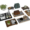 Elegant Decorative Ornament Set With Green Plants Boxes Cups And Books On Wooden Trays