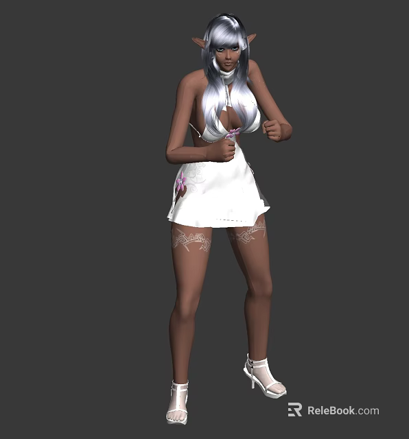 Game Movie Female Character With Silver Hair White Lace Dress Floral Patterns And High Heels 3d model 