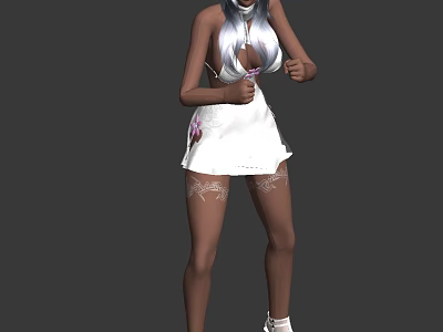 Game Movie Female Character With Silver Hair White Lace Dress Floral Patterns And High Heels 3d model
