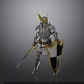 Man in Silver Armor with Golden Horned Helmet Holding Sword and Black and White Shield