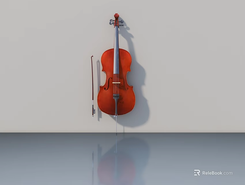 Classic Cello With Bow Leaning Against White Wall And Floor Reflection 3d model 