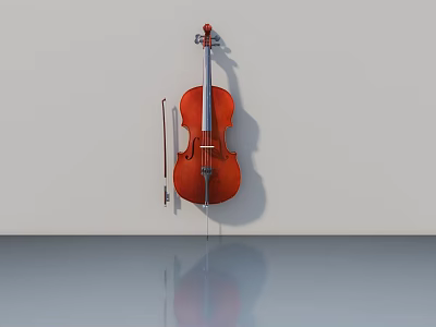 Classic Cello With Bow Leaning Against White Wall And Floor Reflection 3d model