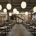 Traditional Chinese Restaurant Interior With Hanging Lantern Lights Wooden Decor And Dining Tables And Chairs