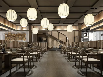 Traditional Chinese Restaurant Interior With Hanging Lantern Lights Wooden Decor And Dining Tables And Chairs 3d model