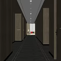 Modern Hotel Corridor With Dark Wood Panel Walls Recessed Ceiling Lights And Marble Flooring