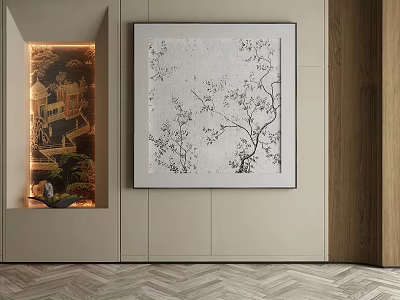 Abstract Painting Wall Art With Black White Branch Design In Modern Interior Room 3d model