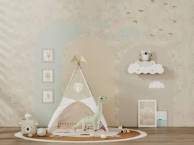 Dinosaur Doll in Kids Room with Teepee Cloud Decorations Animal Pictures Floor Arrangement 3d model