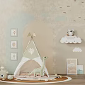 Dinosaur Doll in Kids Room with Teepee Cloud Decorations Animal Pictures Floor Arrangement