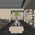 Modern Bookstore Interior With Wooden Bookshelves Display Tables And Green Plant