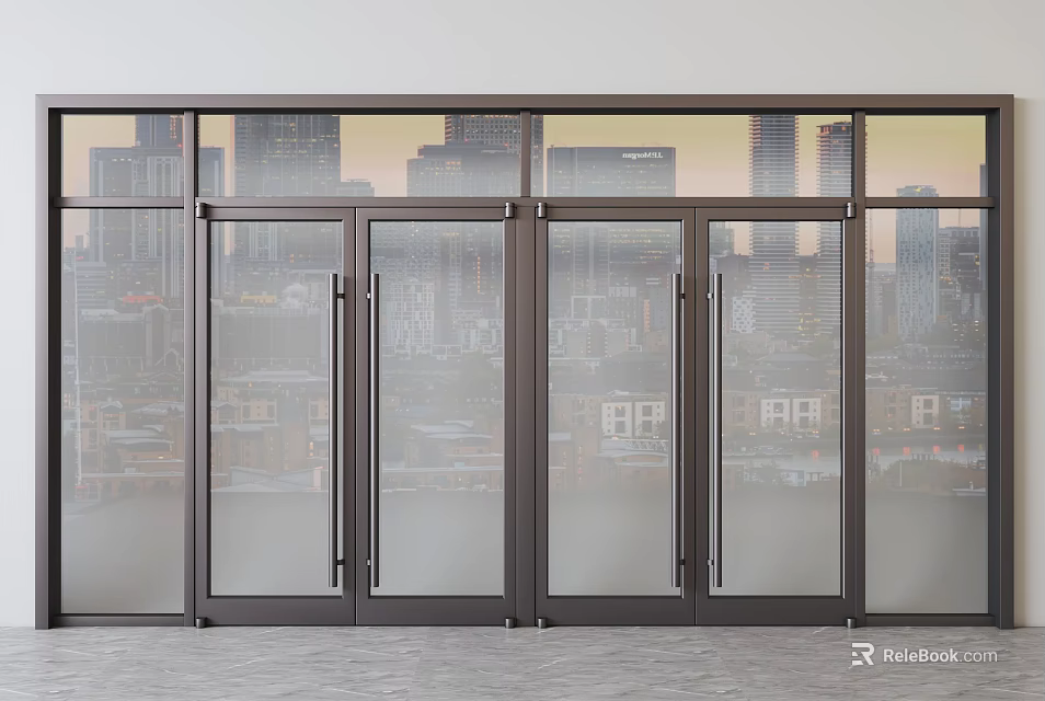 Modern Glass Double Doors Design With Metal Frame And City Skyline View 3d model 