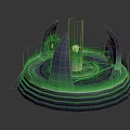 Mystical Circular Platform With Green Glowing Rings Spiked Structures And Central Light