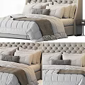 Light Gray Double Bed with Tufted Headboard Pillows Comforter Throw Blanket and Black Nightstands