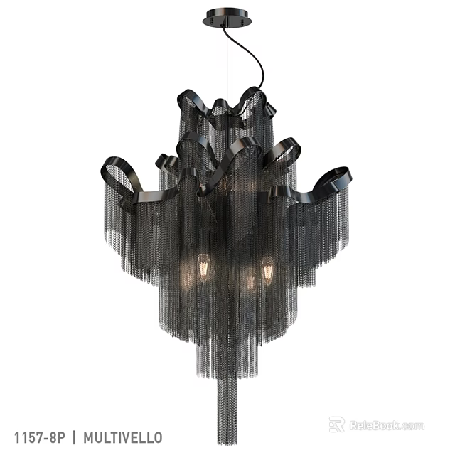 Modern Black Cascading Fringe Chandelier With Metal Structure And Light Bulbs 3d model 