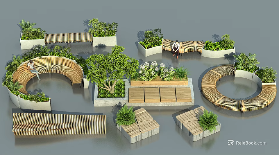 Curved Wooden Landscape Seats With Green Plants And Planters In Outdoor Garden 3d model 