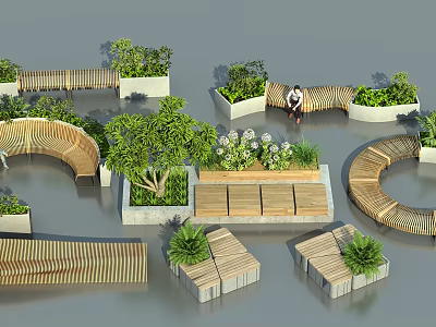 Curved Wooden Landscape Seats With Green Plants And Planters In Outdoor Garden 3d model