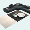 Dark Gray Velvet Corner Sofa with Patterned Pillows and Round Marble Coffee Table on Rug 3d model