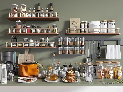 Neatly Organized Kitchen Interior With Green Wall Wooden Shelves And Kitchenware Storage Jars 3d model
