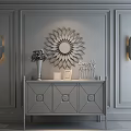 Elegant Modern Entryway Console Table With Gray Walls Decorative Mirror Wall Sconces And Decor Items