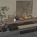 Wooden Dining Table Set with Chairs Bench Vase Fruits Plant and Large Framed Wall Art