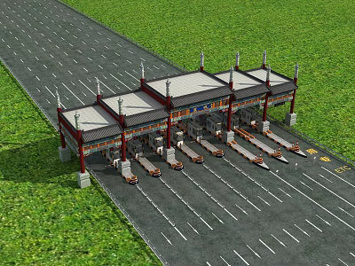 Toll Plaza Structure With Multiple Lanes Green Grass And Road Infrastructure 3d model