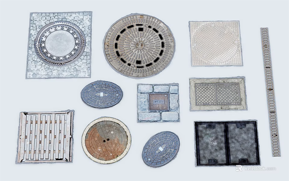 Various Shaped Manhole Covers And Grates As Urban Road Infrastructure Components 3d model