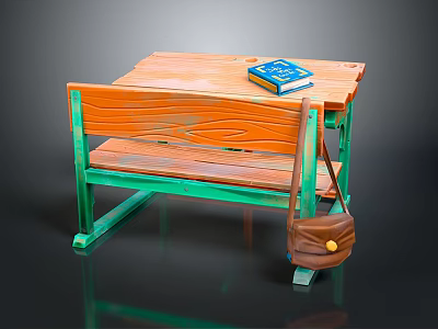 Wooden School Desk With Green Metal Legs Matching Bench Blue Book And Brown Satchel 3d model