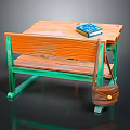 Wooden School Desk With Green Metal Legs Matching Bench Blue Book And Brown Satchel