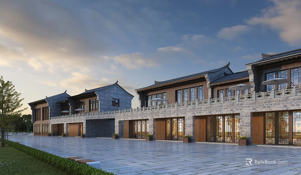 Traditional Chinese Commercial Street With Ancient Architecture Stone Walls And Paved Square 3d model 
