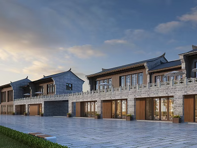 Traditional Chinese Commercial Street With Ancient Architecture Stone Walls And Paved Square 3d model