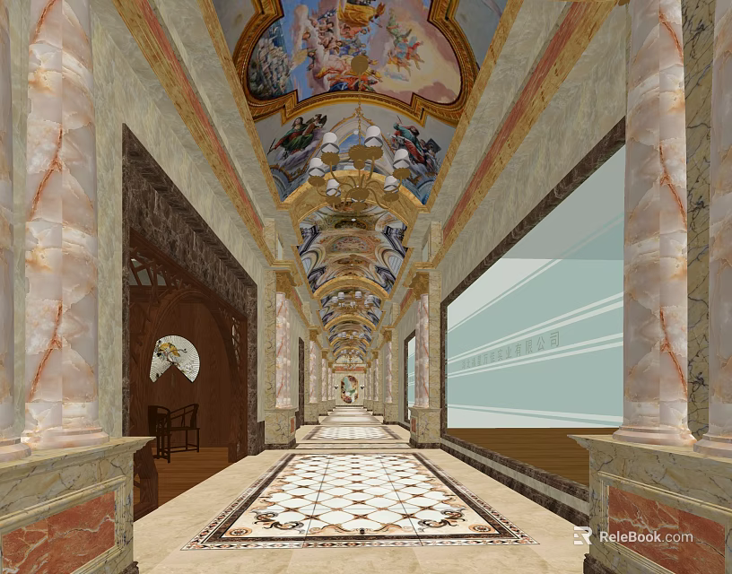 Luxurious Elevator Corridor Featuring Intricate Ceiling Murals Marble Columns And Floor Tiles 3d model